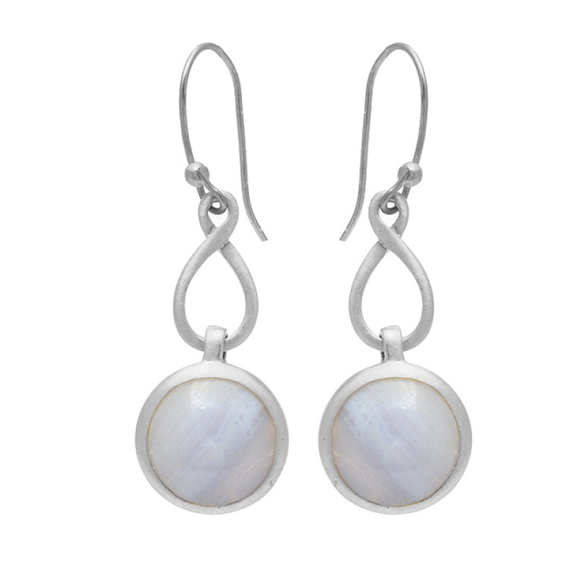 925 Sterling Silver Round Cabochon Flint Gemstone Gold Plated Dangle Earrings