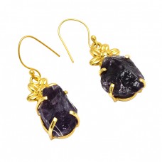 925 Sterling Silver Amethyst Rough Gemstone Gold Plated Designer Earrings