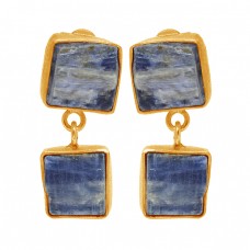 Blue Kyanite Rough Gemstone 925 Sterling Silver Gold Plated Dangle Stud Earrings