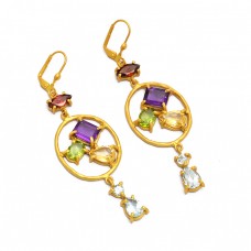 Multi Color Gemstone 925 Sterling Silver Gold Plated Clip-On Dangle Earrings