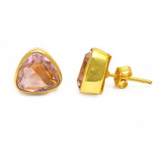 Triangle Shape Pink Quartz Gemstone 925 Sterling Silver Gold Plated Stud Earrings