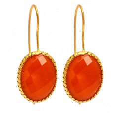 Oval Shape Carnelian Gemstone 925 Sterling Silver Gold Plated Fixed Ear Wire Earrings