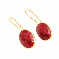 Bezel Setting Oval Shape Ruby Gemstone 925 Sterling Silver Fixed Ear Wire Earrings