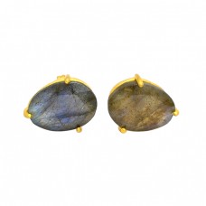 Prong Setting Oval Shape Labradorite Gemstone 925 Silver Gold Plated Stud Earrings