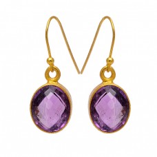 Oval Shape Amethyst Gemstone 925 Sterling Silver Gold Plated Dangle Earrings