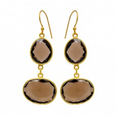 Oval Shape Smoky Quartz Gemstone 925 Sterling Silver Gold Plated Dangle Earrings