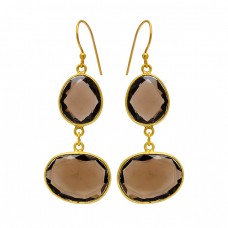 Oval Shape Smoky Quartz Gemstone 925 Sterling Silver Gold Plated Dangle Earrings