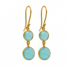 925 Sterling Silver Chalcedony Gemstone Gold Plated Bezel Setting Dangle Earrings