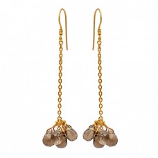 Pear Drops Shape Smoky Quartz Gemstone 925 Sterling Silver Gold Plated Chain Earrings