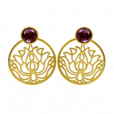 Garnet Round Shape Gemstone Filigree Designer Handmade Gold Plated Earrings