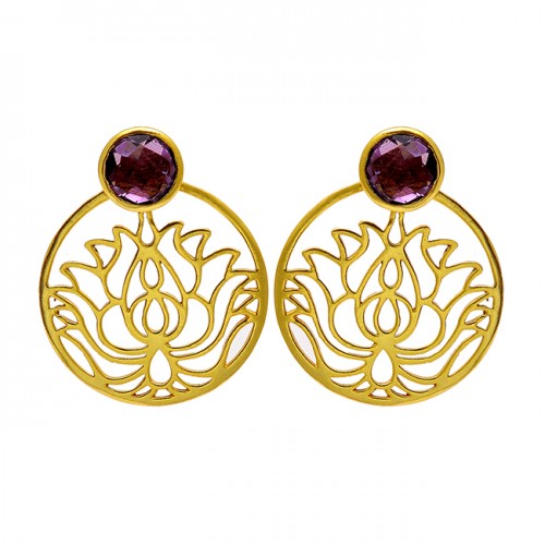 Garnet Round Shape Gemstone Filigree Designer Handmade Gold Plated Earrings