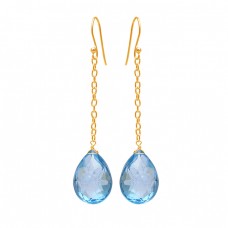 Blue Topaz Pear Shape Gemstone 925 Sterling Silver Dangle Chain Earrings