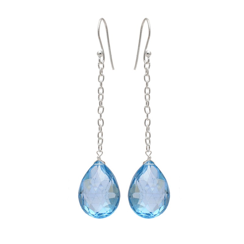 Blue Topaz Pear Shape Gemstone 925 Sterling Silver Dangle Chain Earrings