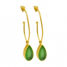 Prehnite Chalcedony Pear Shape Gemstone Gold Plated Handmade Hoop Earrings