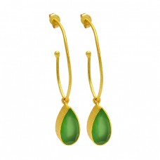Prehnite Chalcedony Pear Shape Gemstone Gold Plated Handmade Hoop Earrings