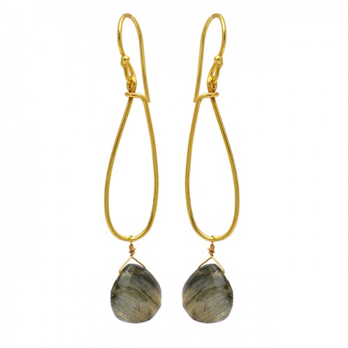 Pear Drops Shape Labradorite Gemstone 925 Sterling Silver Gold Plated Dangle Earrings