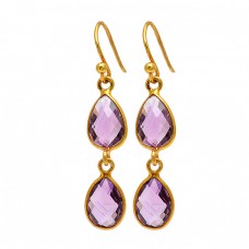 Pear Shape Amethyst Gemstone 925 Sterling Silver Gold Plated Bezel Setting Earrings