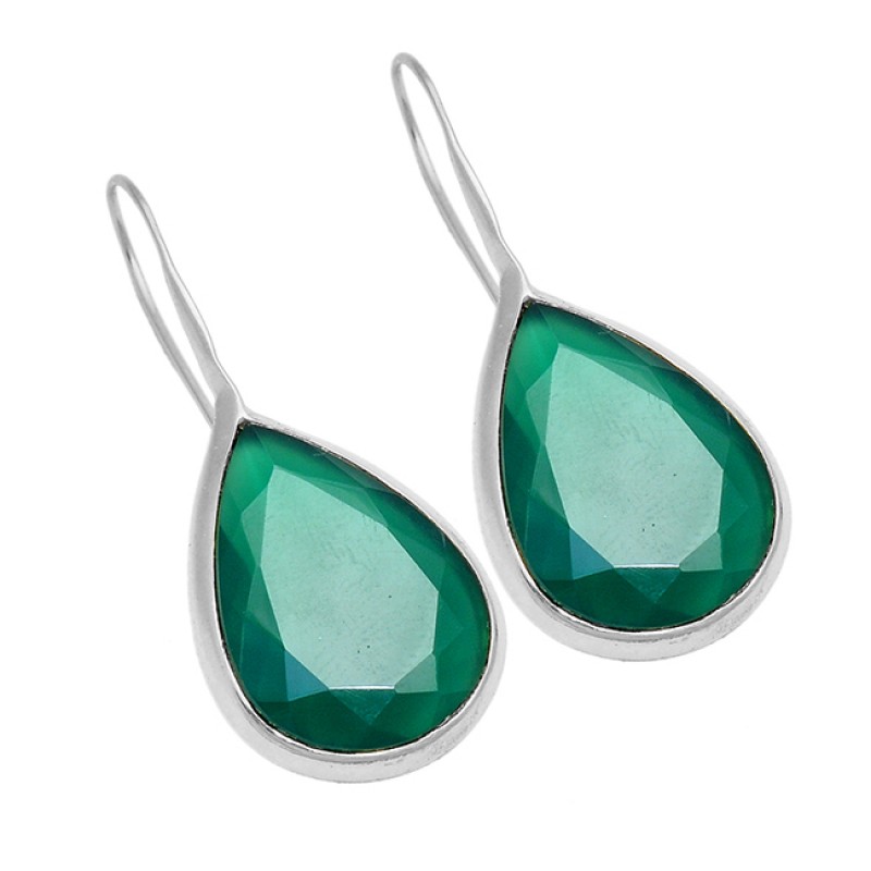 Emerald Pear Shape Gemstone 925 Sterling Silver Gold Plated Fixed Ear Wire Earrings