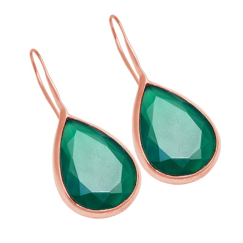 Emerald Pear Shape Gemstone 925 Sterling Silver Gold Plated Fixed Ear Wire Earrings