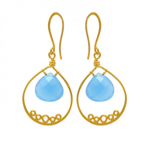 Aqua Chalcedony Heart Shape Gemstone 925 Sterling Silver Gold Plated Dangle Earrings