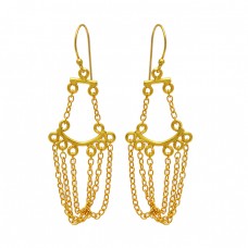 925 Sterling Silver Plain Designer Hanging Chain Dangle Gold Plated Earrings
