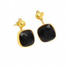 Black Onyx Cushion Shape Gemstone 925 Sterling Silver Gold Plated Stud Dangle Earrings