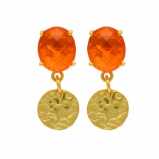 Oval Briolette Fanta Quartz Gemstone Hammered Gold Plated Stud Dangle Earrings