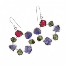 925 Sterling Silver Multi Color Rough Gemstone Handmade Designer Dangle Earrings