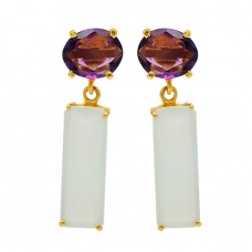Prong Setting Amethyst Chalcedony Gemstone 925 Sterling Silver Gold Plated Earrings