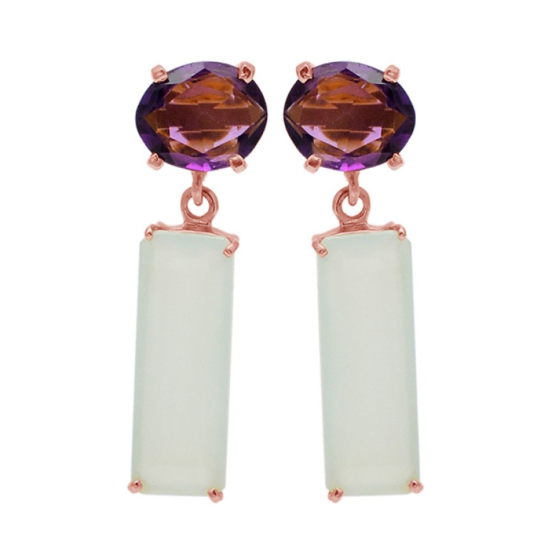 Prong Setting Amethyst Chalcedony Gemstone 925 Sterling Silver Gold Plated Earrings