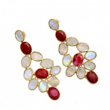Rainbow Moonstone Ruby Oval Shape Gemstone Gold Plated Stylish Stud Earrings