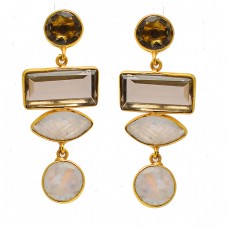 Smoky Quartz Moonstone 925 Sterling Silver Gold Plated Stud Dangle Earrings