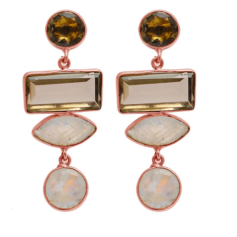 Smoky Quartz Moonstone 925 Sterling Silver Gold Plated Stud Dangle Earrings