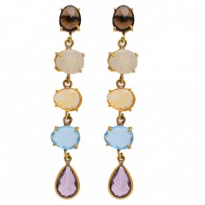 Prong Setting Multi Color Gemstone 925 Sterling Silver Gold Plated Dangle Stud Earrings