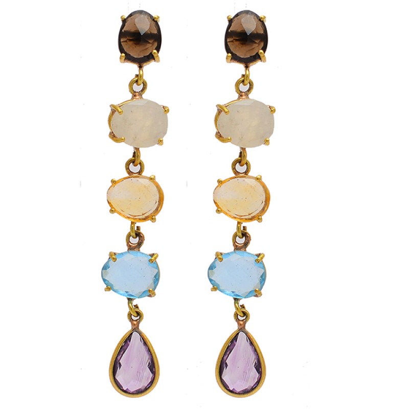 Prong Setting Multi Color Gemstone 925 Sterling Silver Gold Plated Dangle Stud Earrings