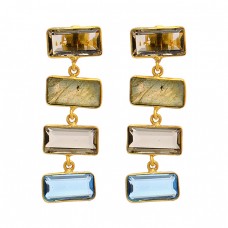 Rectangle Smoky Quartz Blue Topaz Labradorite Gemstone Gold Plated Dangle Earrings