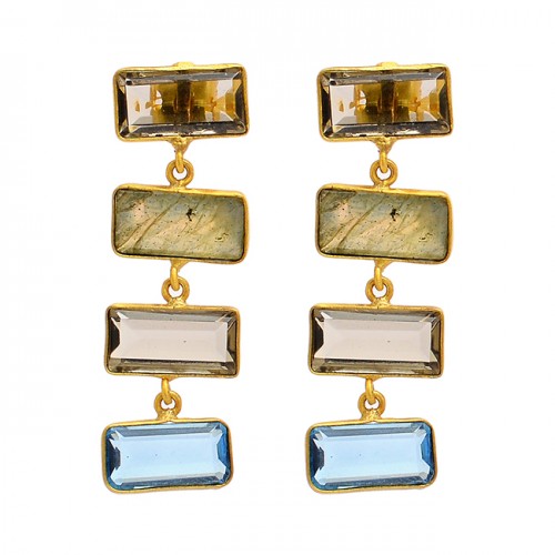 Rectangle Smoky Quartz Blue Topaz Labradorite Gemstone Gold Plated Dangle Earrings