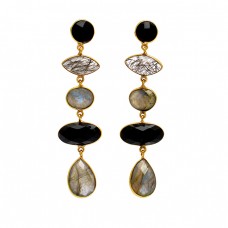 Bezel Setting Labradorite Black Onyx Rutile Quartz Gemtone Gold Plated Dangle Stud Earrings