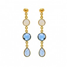 Briolette Pear Round Shape Gemtone Bezel Setting Chain Gold Plated Dangle Earrings