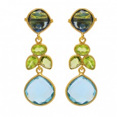 925 Sterling Silver Peridot Blue Topaz Gemstone Gold Plated Designer Stud Earrings