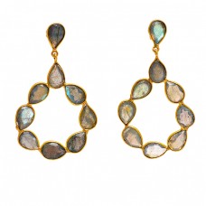 Bezel Setting Labradorite Pear Shape Gemstone 925 Silver Gold Plated Dangle Stud Earrings