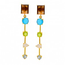925 Sterling Silver Designer Multi Color Gemstone Gold Plated Stud Dangle Earrings : Price $13.50