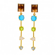 925 Sterling Silver Designer Multi Color Gemstone Gold Plated Stud Dangle Earrings