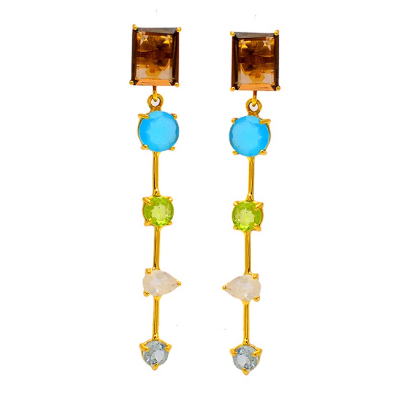 
									925 Sterling Silver Designer Multi Color Gemstone Gold Plated Stud Dangle Earrings