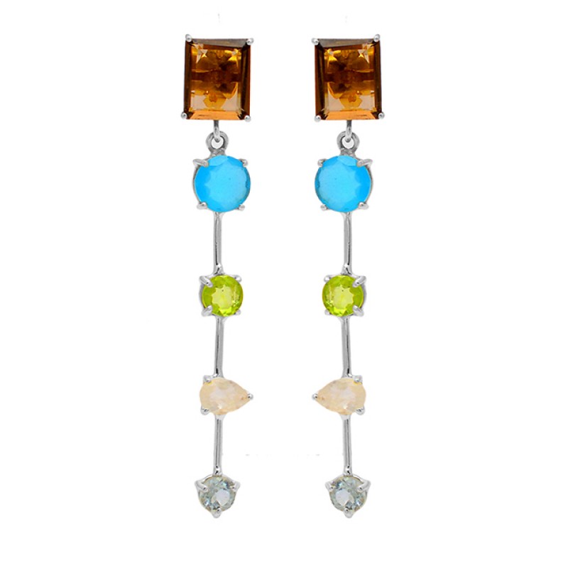 925 Sterling Silver Designer Multi Color Gemstone Gold Plated Stud Dangle Earrings