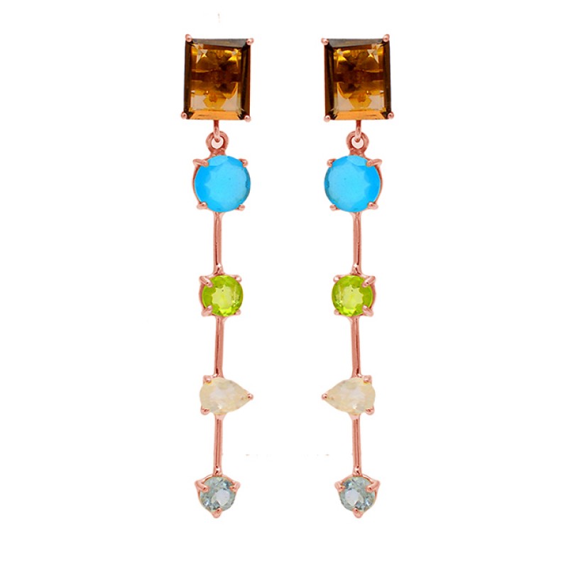 925 Sterling Silver Designer Multi Color Gemstone Gold Plated Stud Dangle Earrings