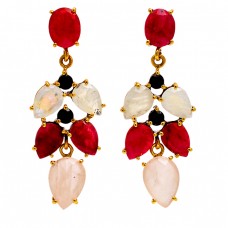 Moonstone Ruby Onyx Gemstone 925 Sterling Silver Gold Plated Stud Dangle Earrings