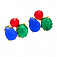 Ruby Chalcedony Emerald Gemstone 925 Sterling Silver Gold Plated Stud Earrings