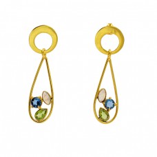 925 Sterling Silver Quartz Peridot Gemstone Gold Plated Designer Stud Earrings