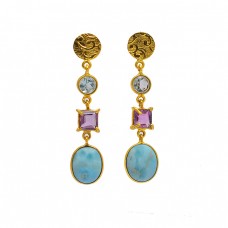 Topaz Amethyst Larimar Gemstone 925 Sterling Silver Gold Plated Stud Earrings